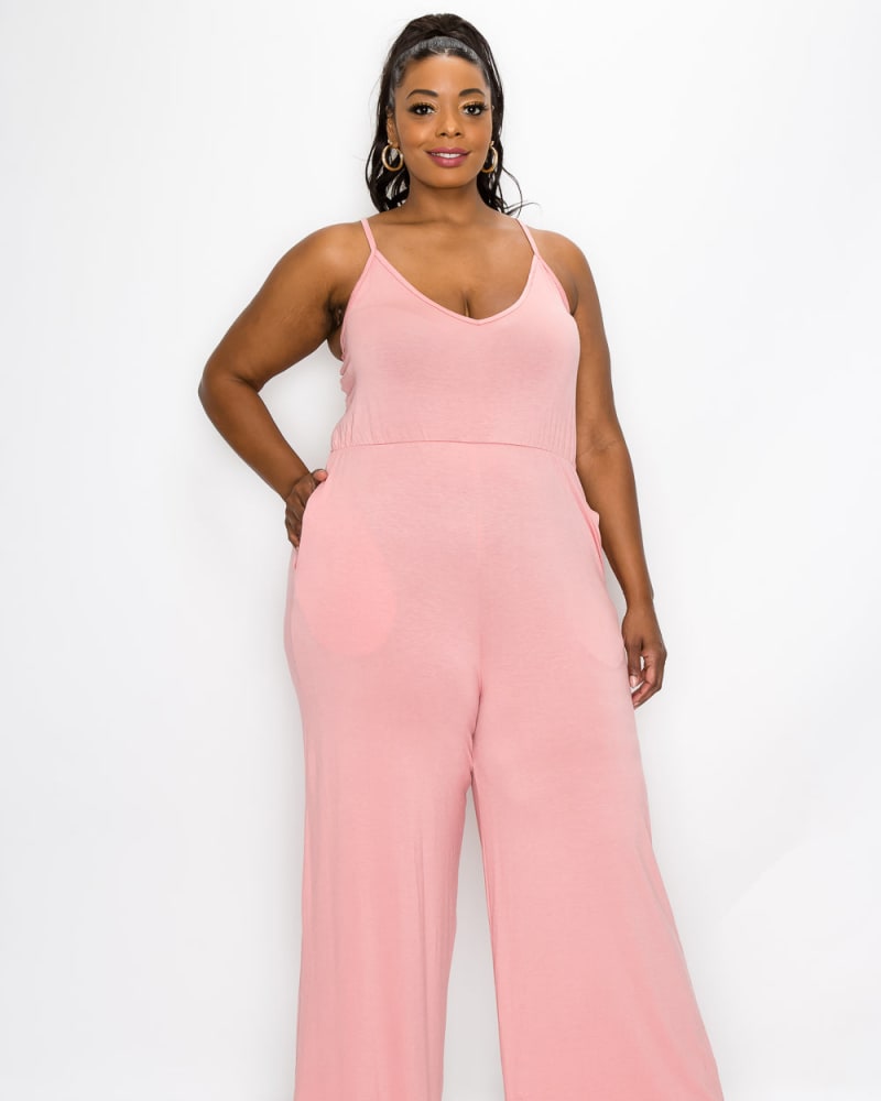 Front of a model wearing a plus size Norah Wide Legged Jumpsuit in Dusty Pink by L I V D. | dia_product_style_image_id:241475